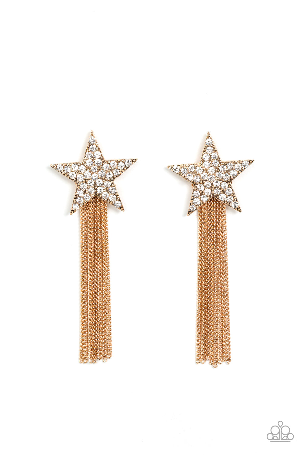 Superstar Solo Gold Star Post Earring - Paparazzi Accessories  A curtain of gold chains streams out from the bottom of an oversized gold star encrusted in blinding white rhinestones, resulting in a stellar tassel. Earring attaches to a standard post fitting.  Sold as one pair of post earrings.