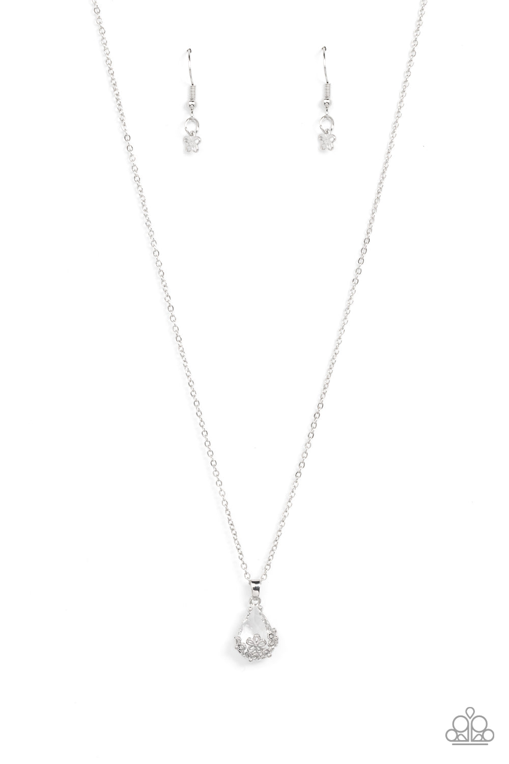 Flower Patch Fabulous White Necklace - Paparazzi Accessories  Dainty silver flowers adorn the bottom of a sparkly white teardrop gem at the bottom of a dainty silver chain, creating a prismatic pendant below the collar. Features an adjustable clasp closure.  Sold as one individual necklace. Includes one pair of matching earrings.