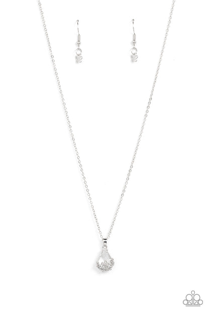 Flower Patch Fabulous White Necklace - Paparazzi Accessories  Dainty silver flowers adorn the bottom of a sparkly white teardrop gem at the bottom of a dainty silver chain, creating a prismatic pendant below the collar. Features an adjustable clasp closure.  Sold as one individual necklace. Includes one pair of matching earrings.