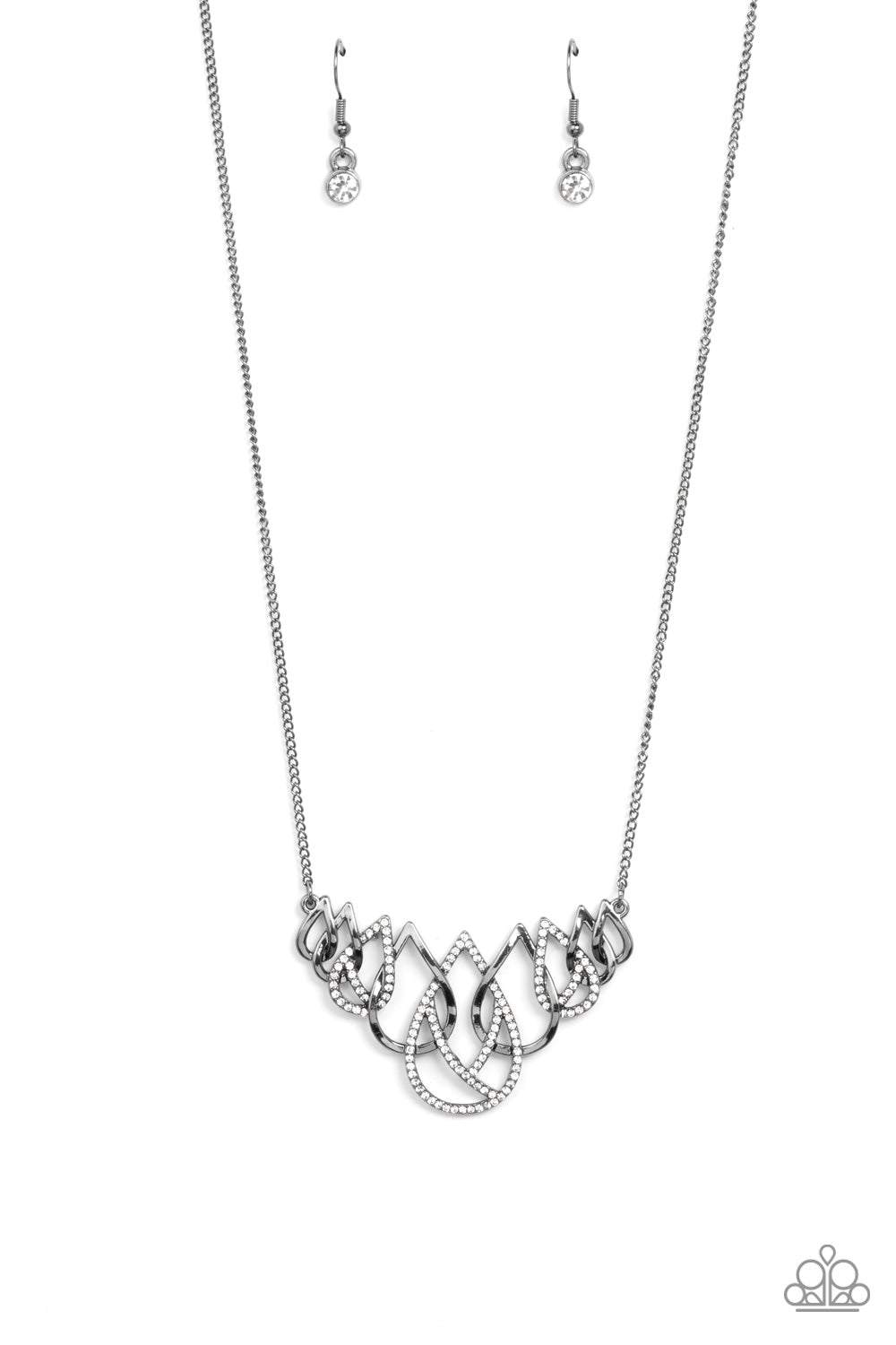 Thunderstruck Teardrops Black Necklace - Paparazzi Accessories  Gradually increasing in size, glistening gunmetal and white rhinestone encrusted gunmetal teardrops ornately interlock below the collar for a glamorous fashion. Features an adjustable clasp closure.  Sold as one individual necklace. Includes one pair of matching earrings.