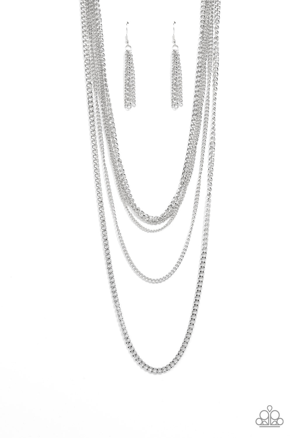 Top of the Food Chain Silver Necklace - Paparazzi Accessories  An intense display of mismatched silver chains boldly layer across the chest, resulting in an edgy industrial vibe. Features an adjustable clasp closure.  Sold as one individual necklace. Includes one pair of matching earrings.