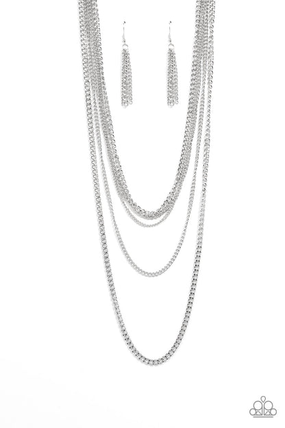 Top of the Food Chain Silver Necklace - Paparazzi Accessories  An intense display of mismatched silver chains boldly layer across the chest, resulting in an edgy industrial vibe. Features an adjustable clasp closure.  Sold as one individual necklace. Includes one pair of matching earrings.
