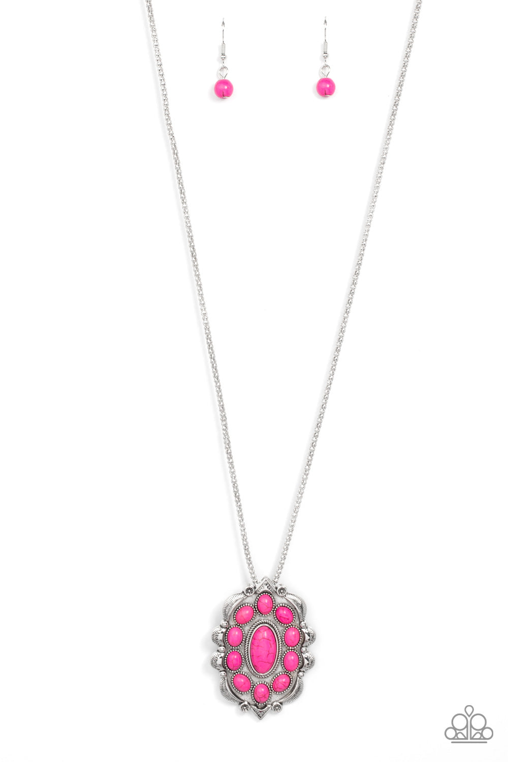 Mojave Medallion - Pink Item #P2SE-PKXX-223XX Vivacious pink oval stones embellish the front of a decoratively scalloped silver frame, creating an earthy floral pendant at the bottom of an extended silver popcorn chain. Features an adjustable clasp closure.  Sold as one individual necklace. Includes one pair of matching earrings.