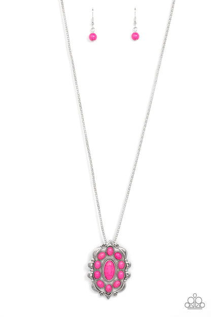 Mojave Medallion - Pink Item #P2SE-PKXX-223XX Vivacious pink oval stones embellish the front of a decoratively scalloped silver frame, creating an earthy floral pendant at the bottom of an extended silver popcorn chain. Features an adjustable clasp closure.  Sold as one individual necklace. Includes one pair of matching earrings.