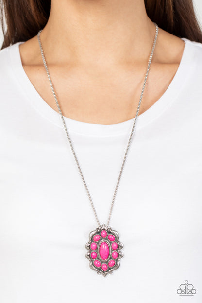 Mojave Medallion - Pink Item #P2SE-PKXX-223XX Vivacious pink oval stones embellish the front of a decoratively scalloped silver frame, creating an earthy floral pendant at the bottom of an extended silver popcorn chain. Features an adjustable clasp closure.  Sold as one individual necklace. Includes one pair of matching earrings.