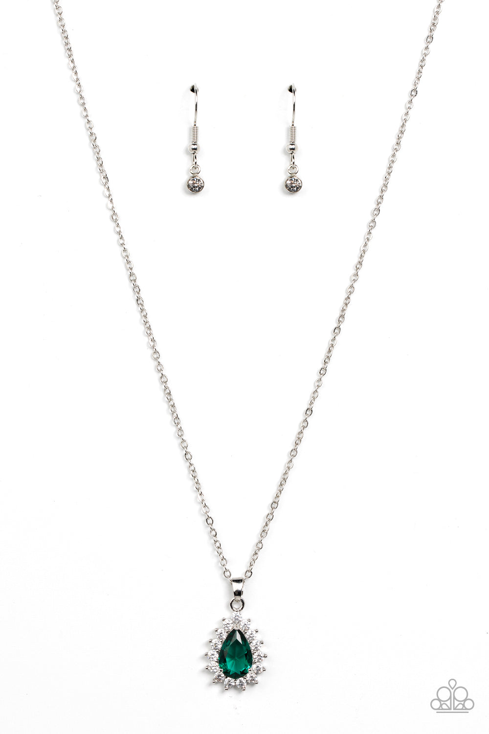 A Guiding SOCIALITE Green Necklace - Paparazzi Accessories   A glassy green teardrop is bordered in sparkly white rhinestones, creating a timelessly dainty pendant below the collar. Features an adjustable clasp closure.  Sold as one individual necklace. Includes one pair of matching earrings.
