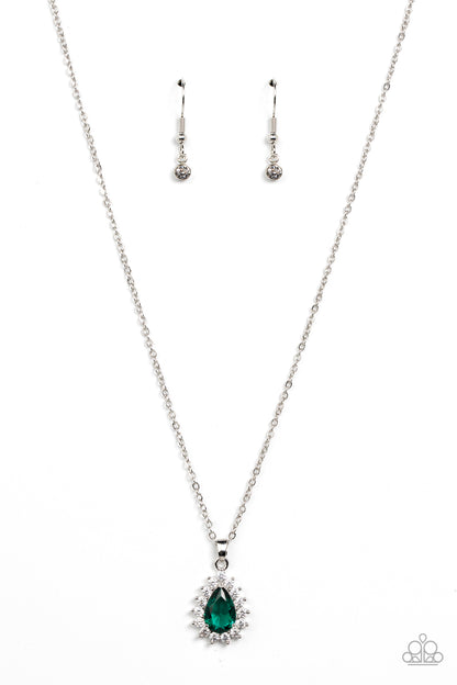 A Guiding SOCIALITE Green Necklace - Paparazzi Accessories   A glassy green teardrop is bordered in sparkly white rhinestones, creating a timelessly dainty pendant below the collar. Features an adjustable clasp closure.  Sold as one individual necklace. Includes one pair of matching earrings.