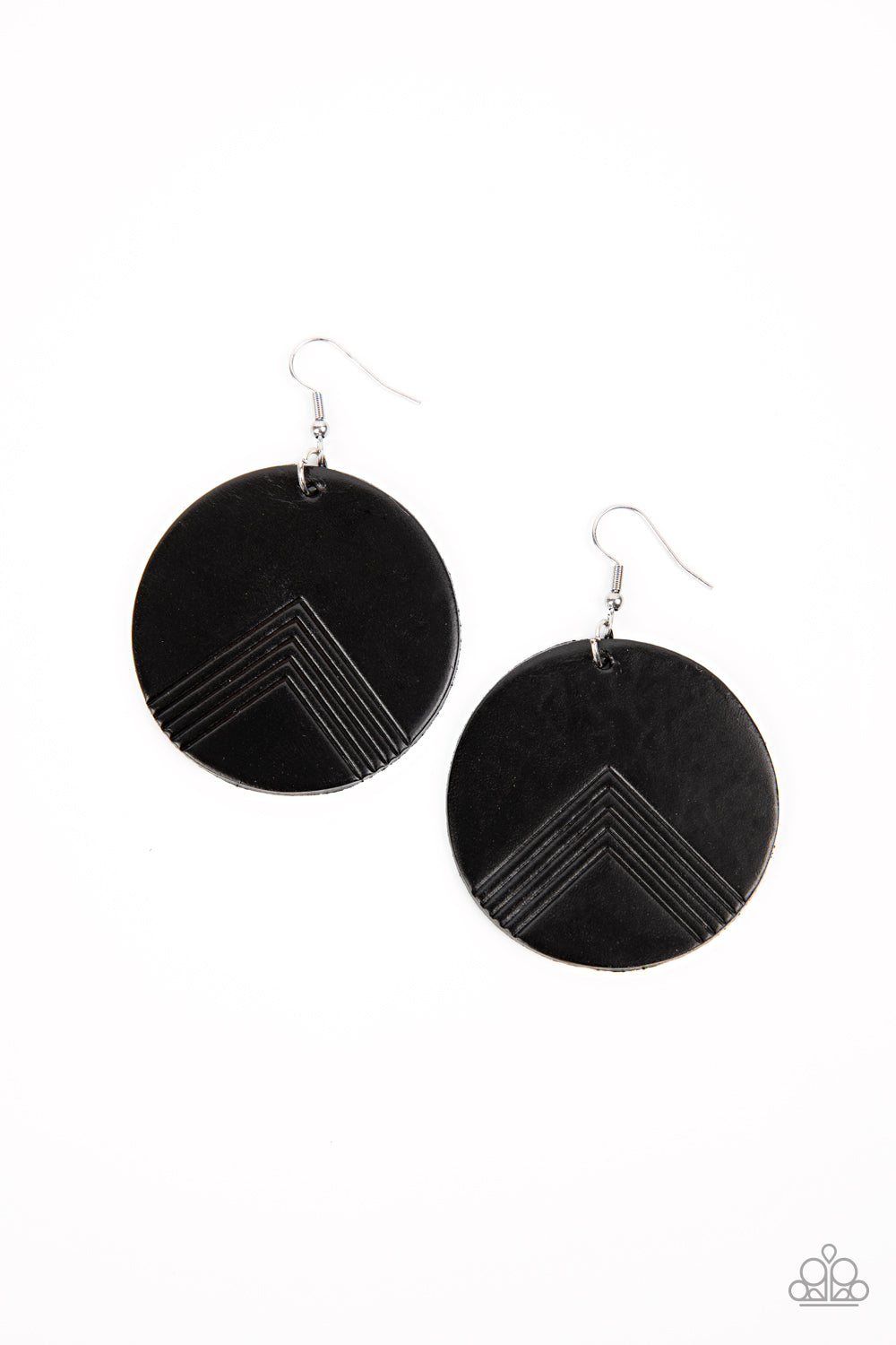 On the Edge of Edgy Black Leather Earring - Paparazzi Accessories  A black leather disc is etched in an angular geometric accent, creating a modern look. Earring attaches to a standard fishhook fitting.  Sold as one pair of earrings.  P5SE-BKXX-275XX