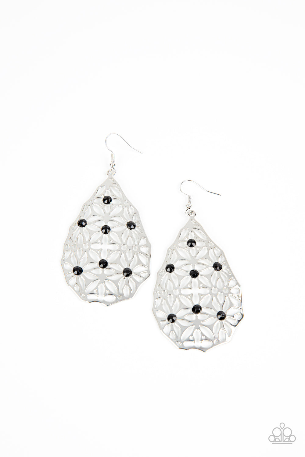 Delightfully Daisy - Black Item #P5WH-BKXX-223XX Shiny black beads are scattered across a teardrop frame filled with abstract floral filigree creating a whimsical lure. Earring attaches to a standard fishhook fitting.  Sold as one pair of earrings.