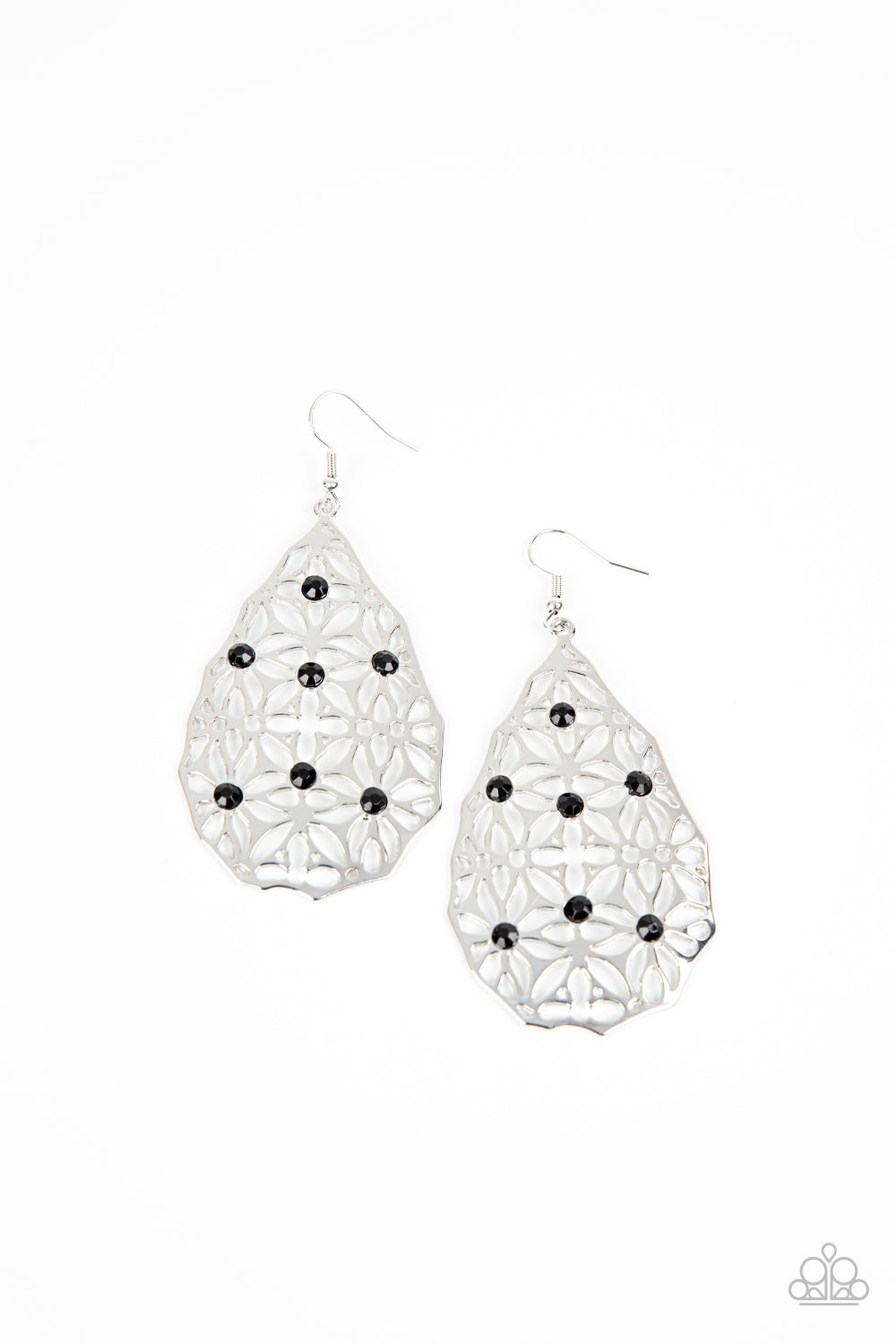 Delightfully Daisy - Black Item #P5WH-BKXX-223XX Shiny black beads are scattered across a teardrop frame filled with abstract floral filigree creating a whimsical lure. Earring attaches to a standard fishhook fitting.  Sold as one pair of earrings.