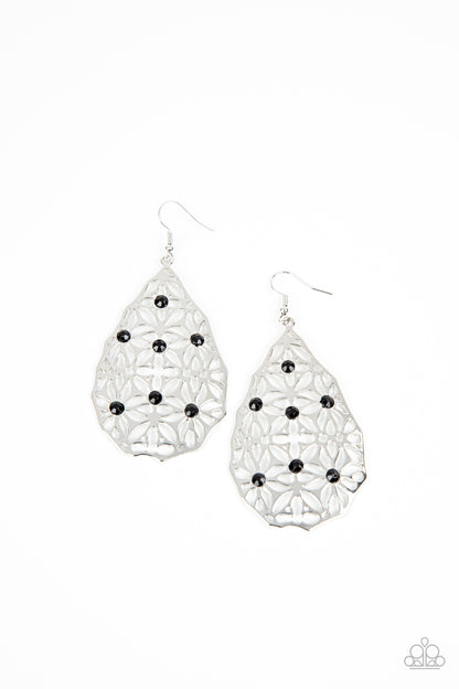 Delightfully Daisy - Black Item #P5WH-BKXX-223XX Shiny black beads are scattered across a teardrop frame filled with abstract floral filigree creating a whimsical lure. Earring attaches to a standard fishhook fitting.  Sold as one pair of earrings.