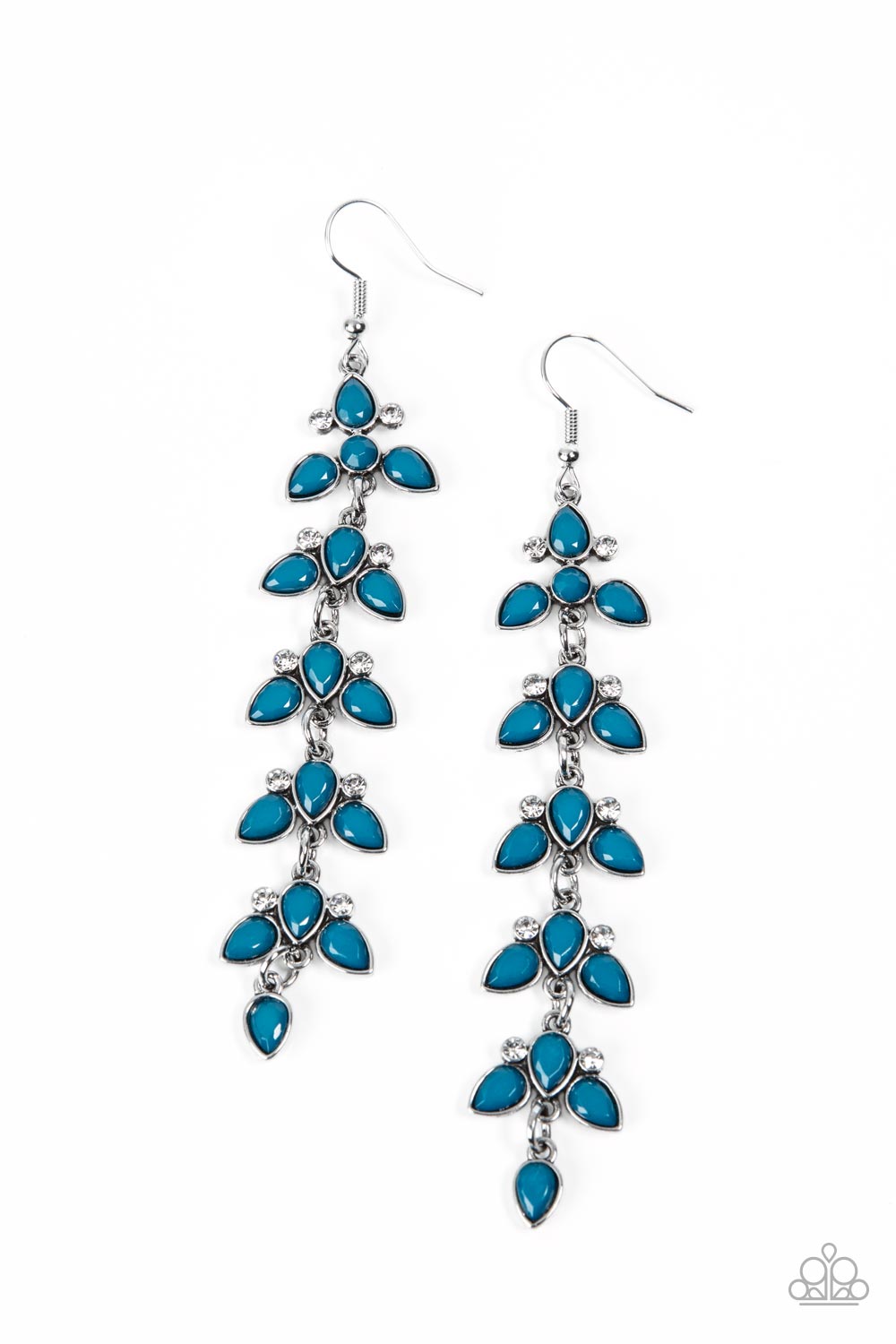 Fanciful Foliage Blue Earring - Paparazzi Accessories  Infused with pairs of dainty white rhinestones, faceted Mykonos Blue teardrop beads delicately connect into leafy frames that link into an extended lure for an elegant finish. Earring attaches to a standard fishhook fitting.  Sold as one pair of earrings.