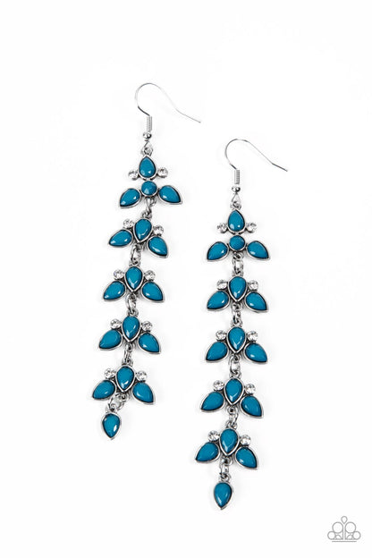 Fanciful Foliage Blue Earring - Paparazzi Accessories  Infused with pairs of dainty white rhinestones, faceted Mykonos Blue teardrop beads delicately connect into leafy frames that link into an extended lure for an elegant finish. Earring attaches to a standard fishhook fitting.  Sold as one pair of earrings.