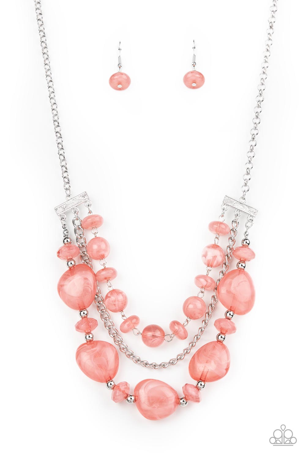 Oceanside Service Pink Necklace - Paparazzi Accessories  A single silver chain separates two mismatched rows of oversized and cloudy glass-like pink beads. The colorful rows are held in place with textured silver fittings, creating an ethereal pop of color below the collar. Features an adjustable clasp closure.  Sold as one individual necklace. Includes one pair of matching earrings.