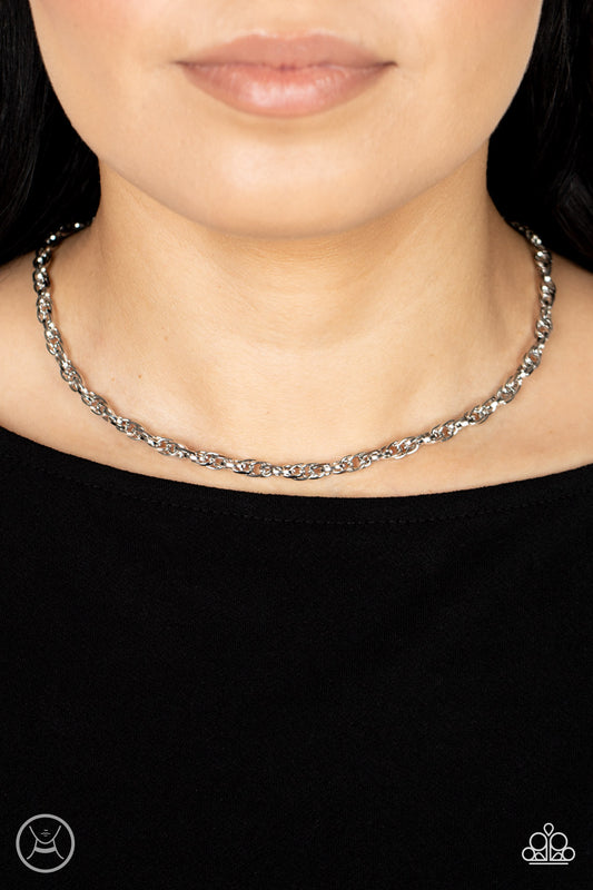Urban Underdog Silver Choker Necklace - Paparazzi Accessories  An ornately linked silver chain wraps around the neck, resulting in an edgy minimalist inspired grit. Features an adjustable clasp closure.  Sold as one individual choker necklace. Includes one pair of matching earrings.