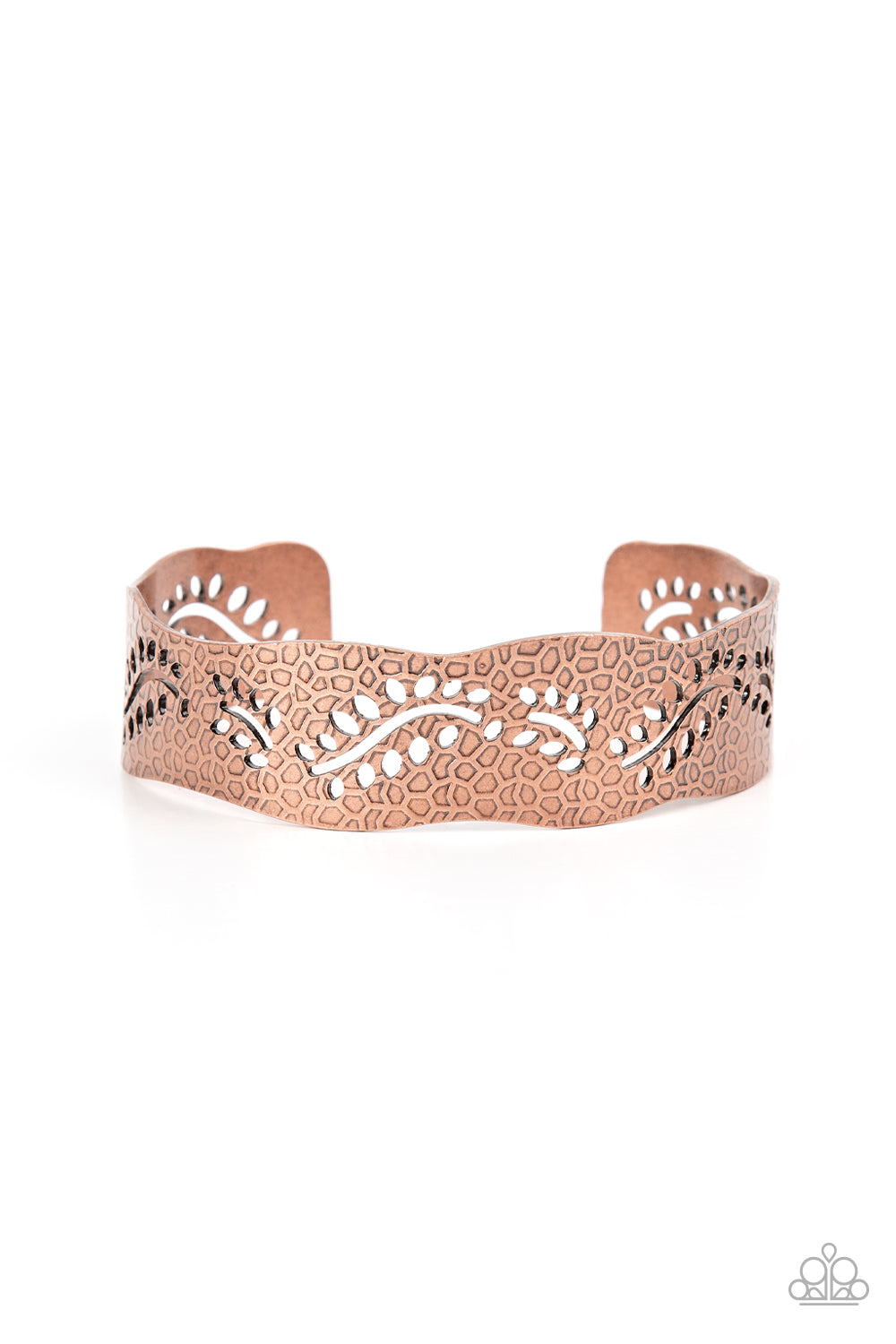 Savanna Oasis - Copper Item #P9BA-CPXX-073XX A wavy copper cuff is rustically embossed in an abstract honeycomb texture and stenciled in airy leafy patterns, resulting in a seasonal centerpiece around the wrist.  Sold as one individual bracelet.