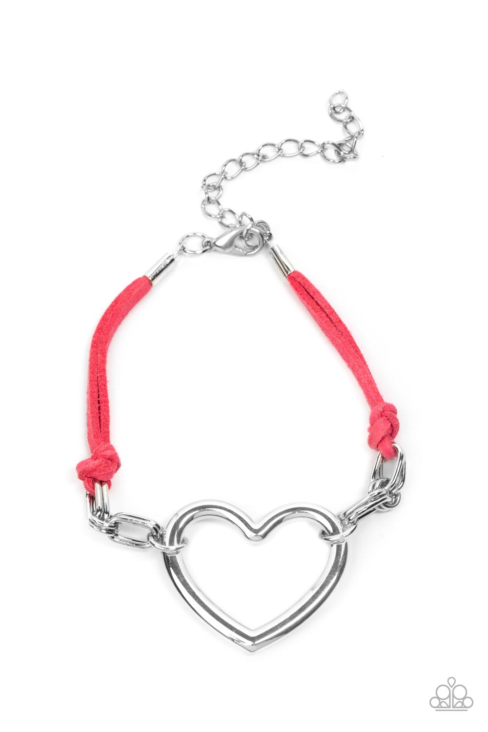 Flirty Flavour Pink Bracelet - Paparazzi Accessories  Strands of pink suede knot around sections of chunky silver chains that have been adorned in an oversized silver heart frame, resulting in a flirtatious display around the wrist. Features an adjustable clasp closure.  Sold as one individual bracelet.  Get The Complete Look! Necklace: "Fashionable Flirt - Pink" (Sold Separately)