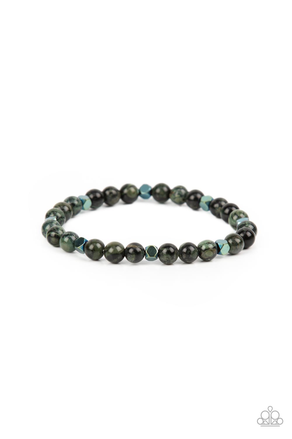Interstellar Solitude - Green A dainty collection of speckled green stone beads and faceted metallic cube beads are threaded along a stretchy band around the wrist for an earthy flair.  Sold as one individual bracelet.  SKU: P9SE-URGR-176XX