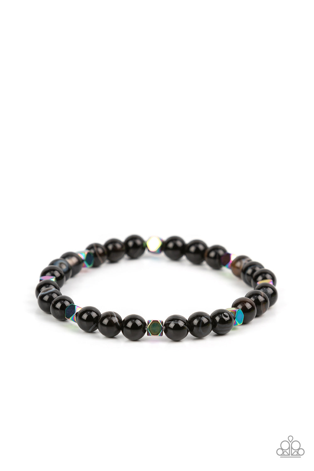 Interstellar Solitude Black Urban Bracelet - Paparazzi Accessories  A dainty collection of natural-finished black stone beads and faceted metallic oil spill cube beads are threaded along a stretchy band around the wrist for an earthy flair.  Sold as one individual bracelet.