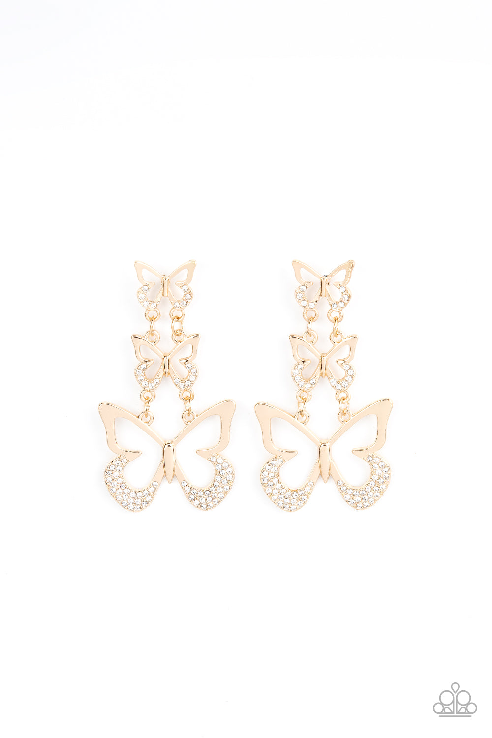Flamboyant Flutter Gold Butterfly Earring - Paparazzi Accessories  An airy trio of gold butterflies gradually increase in size as they link into a whimsical lure. The bottom of each butterfly has been dipped in white rhinestones, adding a glitzy finish to the fluttering centerpiece. Earring attaches to a standard post fitting.  Sold as one pair of post earrings.