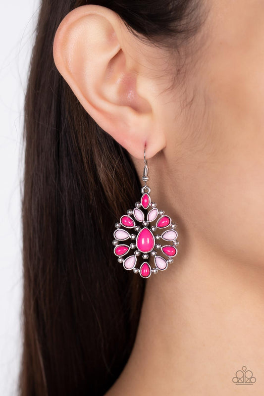 Lively Luncheon Pink Earring - Paparazzi Accessories  Bubbly pink and Pale Rosette beads fan out from a studded pink teardrop center, resulting in a colorful frame. Earring attaches to a standard fishhook fitting.  Sold as one pair of earrings.