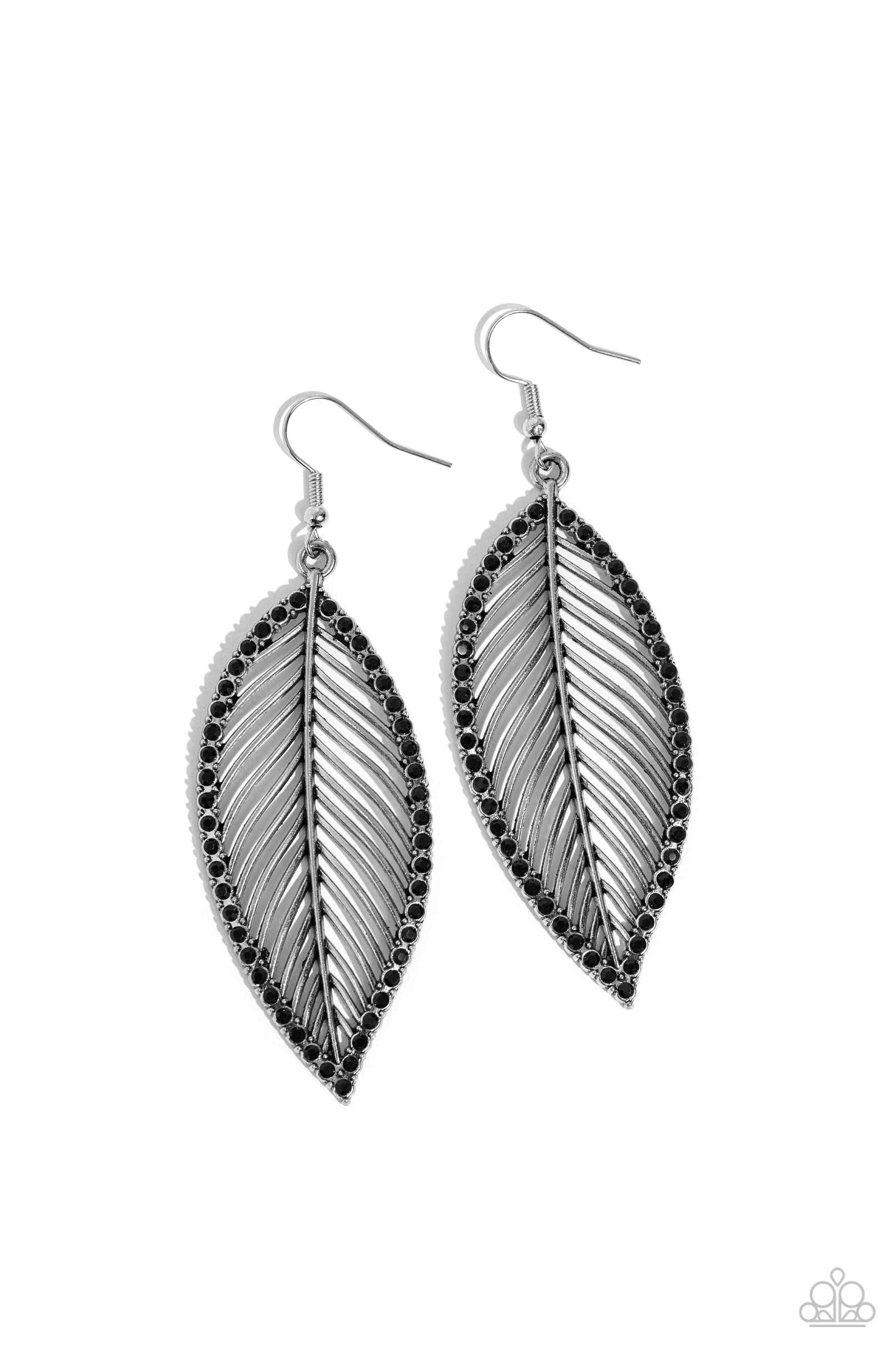 Canopy Cabaret Black Earring - Paparazzi Accessories  Bordered in dainty black rhinestones, a life-like stenciled silver leaf swings from the ear for a dash of glitzy whimsicality. Earring attaches to a standard fishhook fitting.  Sold as one pair of earrings.  P5SE-BKXX-286XX