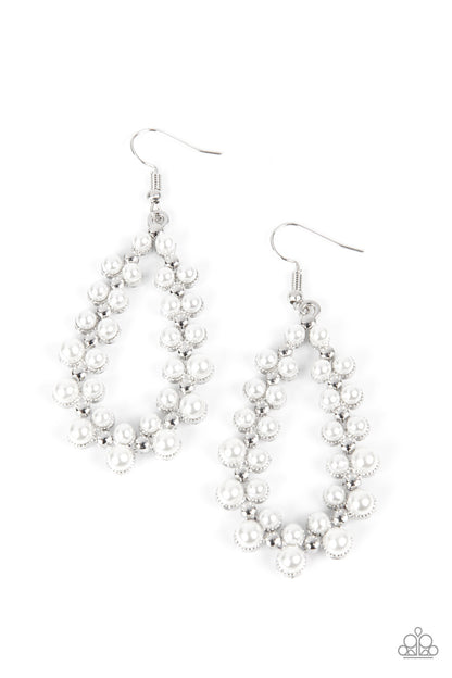 Absolutely Ageless White Pearl Earring - Paparazzi Accessories  Encased in sleek silver fittings, bubbly clusters of pearls adorn the front of a studded silver teardrop for a timeless look. Earring attaches to a standard fishhook fitting.  Sold as one pair of earrings.  P5RE-WTXX-542XX