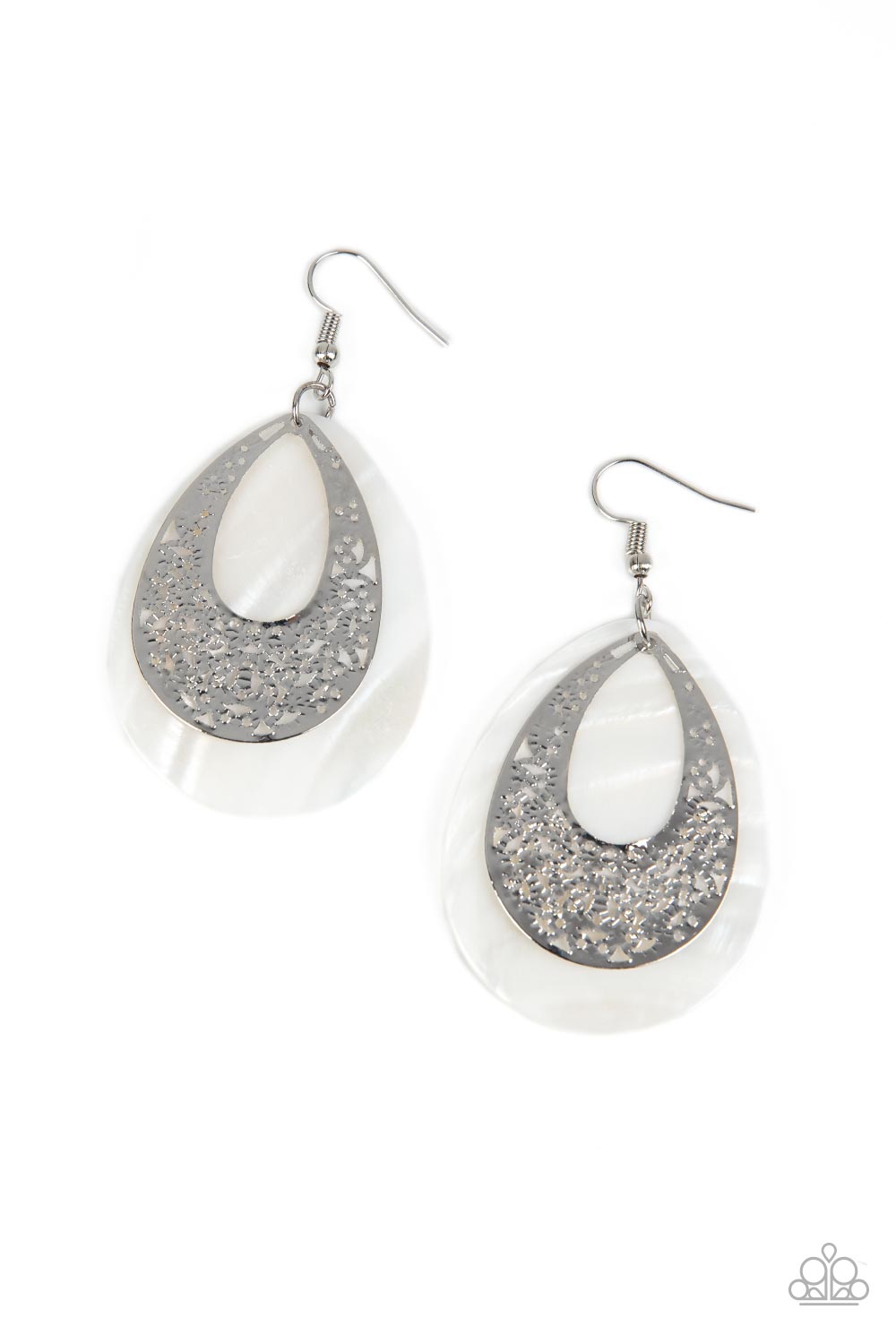Bountiful Beaches White Earring - Paparazzi Accessories  A hammered silver teardrop that is stenciled in an abstract pattern delicately overlaps with a white shell-like teardrop, creating a whimsical lure as it swings from the ear. Earring attaches to a standard fishhook fitting.  Sold as one pair of earrings.