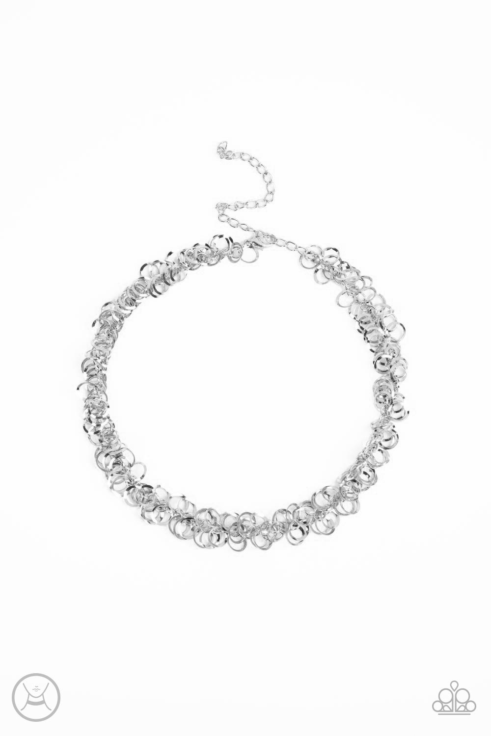 Cause a Commotion Silver Choker Necklace - Paparazzi Accessories  A shiny series of flat and beveled silver hoops delicately cluster along a dainty silver chain around the neck, creating a tinkling fringe. Features an adjustable clasp closure.  Sold as one individual choker necklace. Includes one pair of matching earrings.