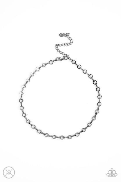 Keepin it Chic Black Choker Necklace - Paparazzi Accessories  Dainty gunmetal rings alternate with pinched gunmetal links around the neck, creating a chic minimalist inspired look. Features an adjustable clasp closure.  Sold as one individual choker necklace. Includes one pair of matching earrings.