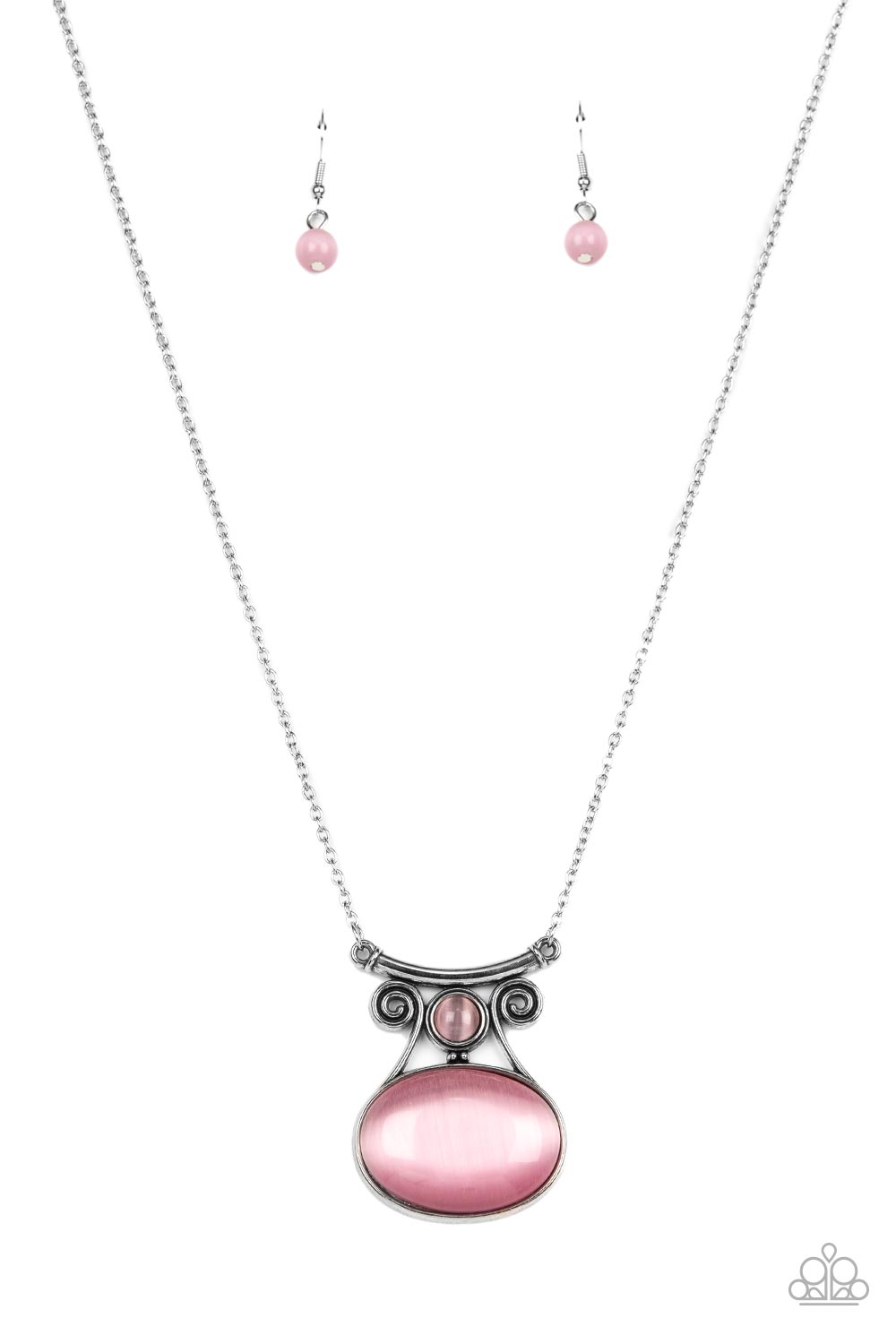 One DAYDREAM At A Time Pink Necklace - Paparazzi Accessories  An oversized Pale Rosette cat's eye stone embellishes the bottom of a swirly silver frame dotted with a dainty Pale Rosette cat's eye stone accent. Attached to a bowing silver bar, the ethereal pendant swings from the bottom of an extended silver chain for an enchanting fashion. Features an adjustable clasp closure.  Sold as one individual necklace. Includes one pair of matching earrings.