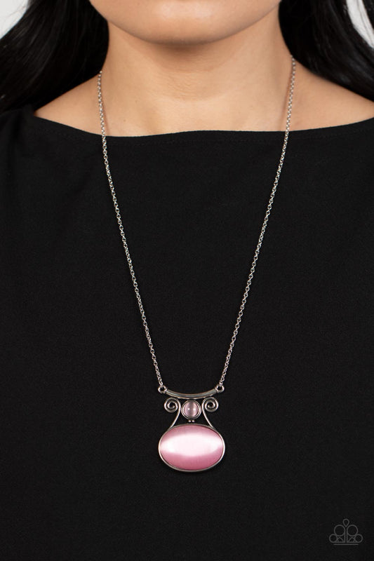 One DAYDREAM At A Time Pink Necklace - Paparazzi Accessories  An oversized Pale Rosette cat's eye stone embellishes the bottom of a swirly silver frame dotted with a dainty Pale Rosette cat's eye stone accent. Attached to a bowing silver bar, the ethereal pendant swings from the bottom of an extended silver chain for an enchanting fashion. Features an adjustable clasp closure.  Sold as one individual necklace. Includes one pair of matching earrings.