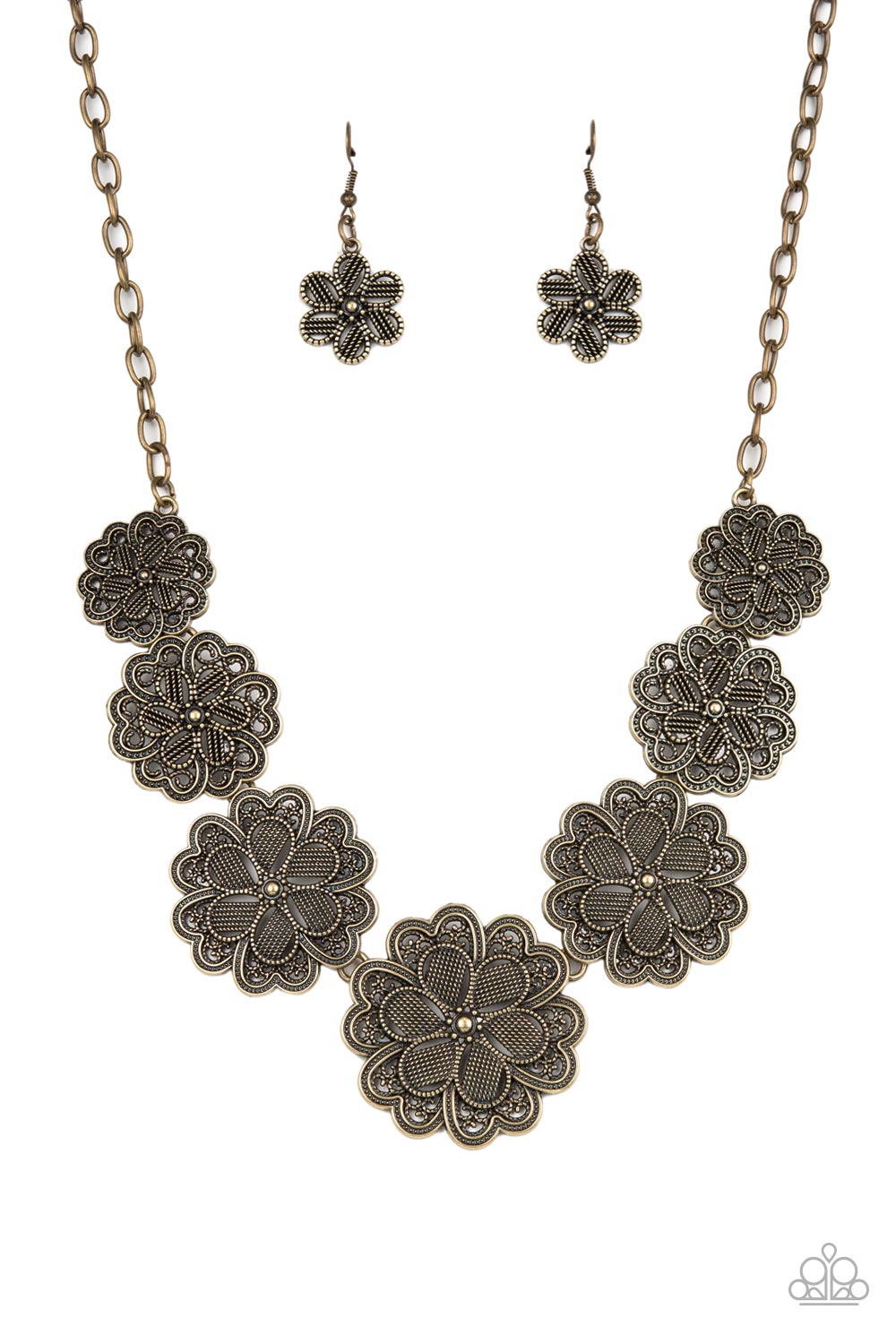 Basketful of Blossoms Brass Necklace - Paparazzi Accessories  Featuring metallic wicker-like patterns, stacks of teardrop and heart shaped filigree-filled brass petals delicately link into a decorative row of flowers. The floral frames gradually increase in size as they move towards the center, creating a vintage inspired display below the collar. Features an adjustable clasp closure.  Sold as one individual necklace. Includes one pair of matching earrings.