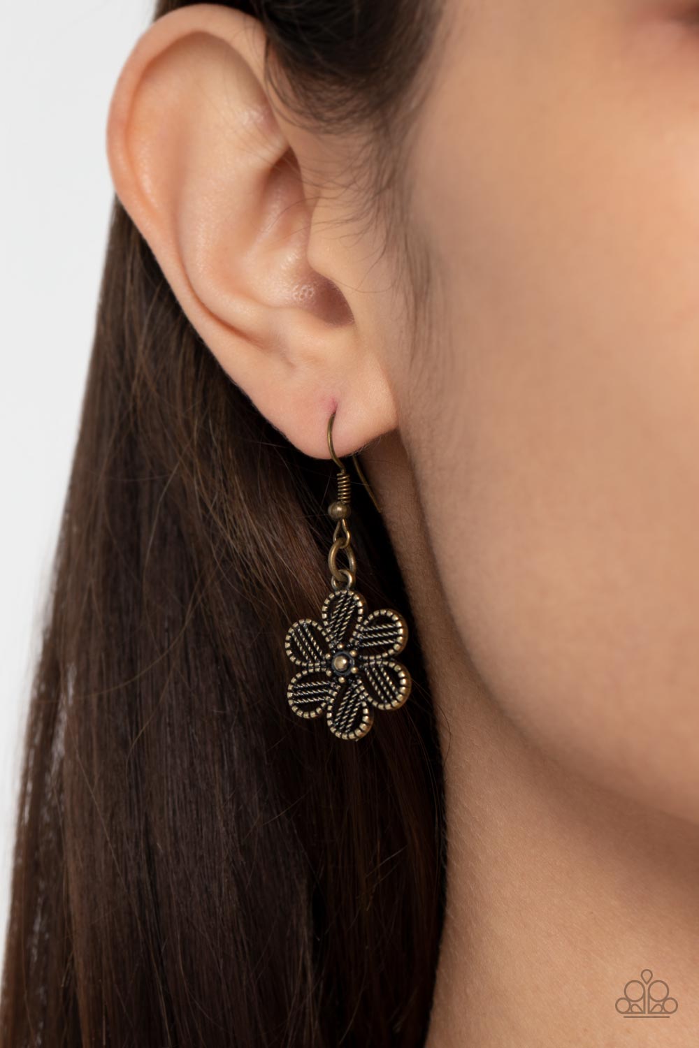 Basketful of Blossoms Brass Necklace - Paparazzi Accessories  Featuring metallic wicker-like patterns, stacks of teardrop and heart shaped filigree-filled brass petals delicately link into a decorative row of flowers. The floral frames gradually increase in size as they move towards the center, creating a vintage inspired display below the collar. Features an adjustable clasp closure.  Sold as one individual necklace. Includes one pair of matching earrings.