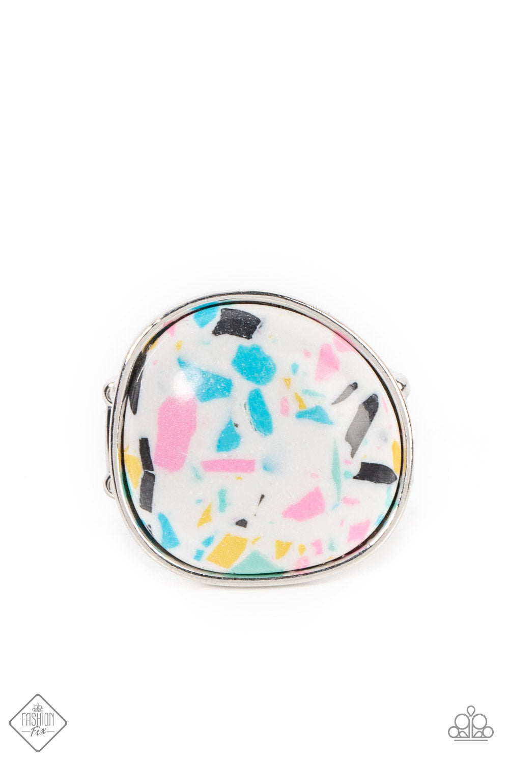 Aesthetically Authentic Multi Ring - Paparazzi Accessories  Featuring colorful flecks of blue, pink, yellow, and black, an asymmetrical round terrazzo stone is pressed into a simple silver frame creating a funky style atop the finger. Features a stretchy band for a flexible fit.  Sold as one individual ring.