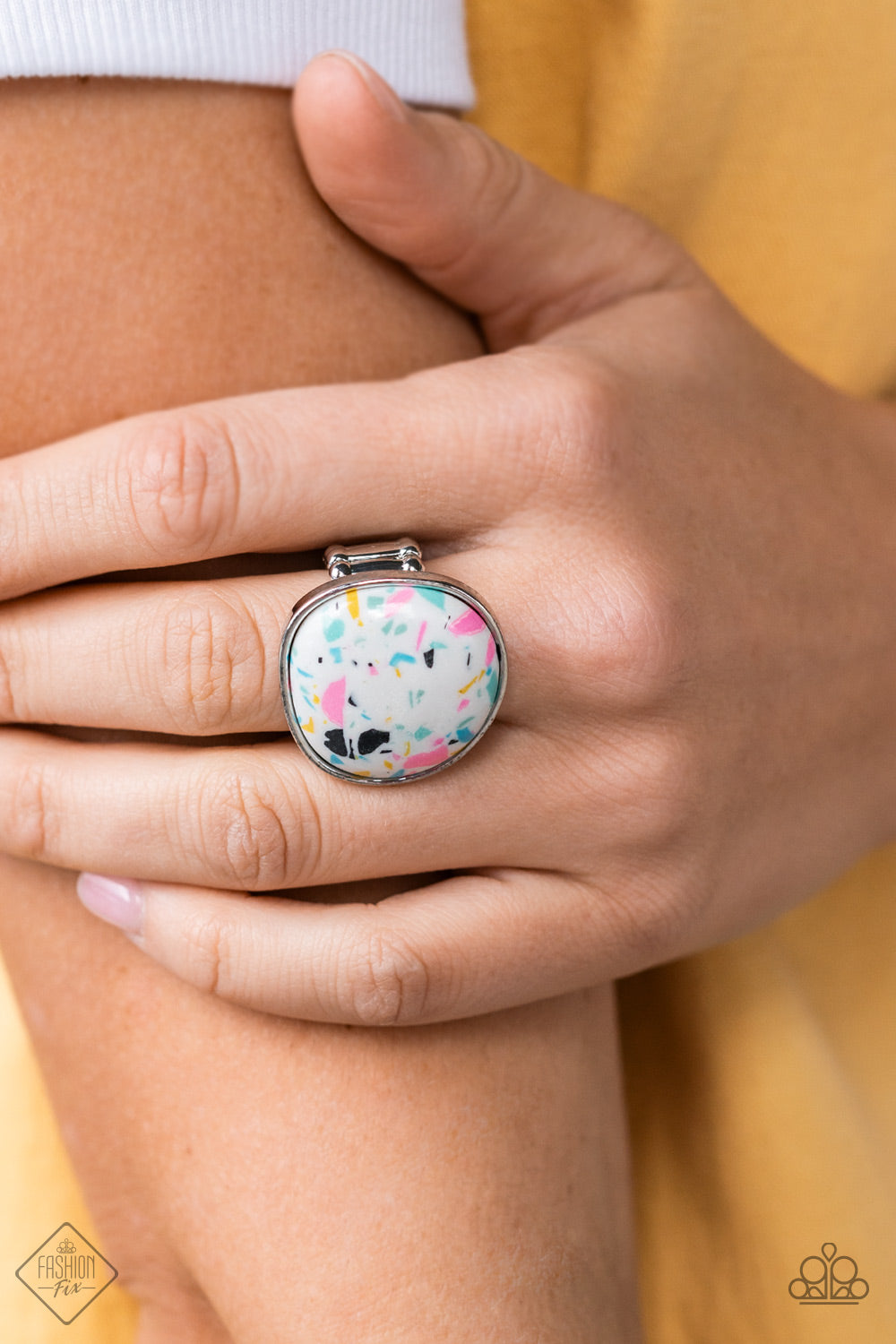 Aesthetically Authentic Multi Ring - Paparazzi Accessories  Featuring colorful flecks of blue, pink, yellow, and black, an asymmetrical round terrazzo stone is pressed into a simple silver frame creating a funky style atop the finger. Features a stretchy band for a flexible fit.  Sold as one individual ring.