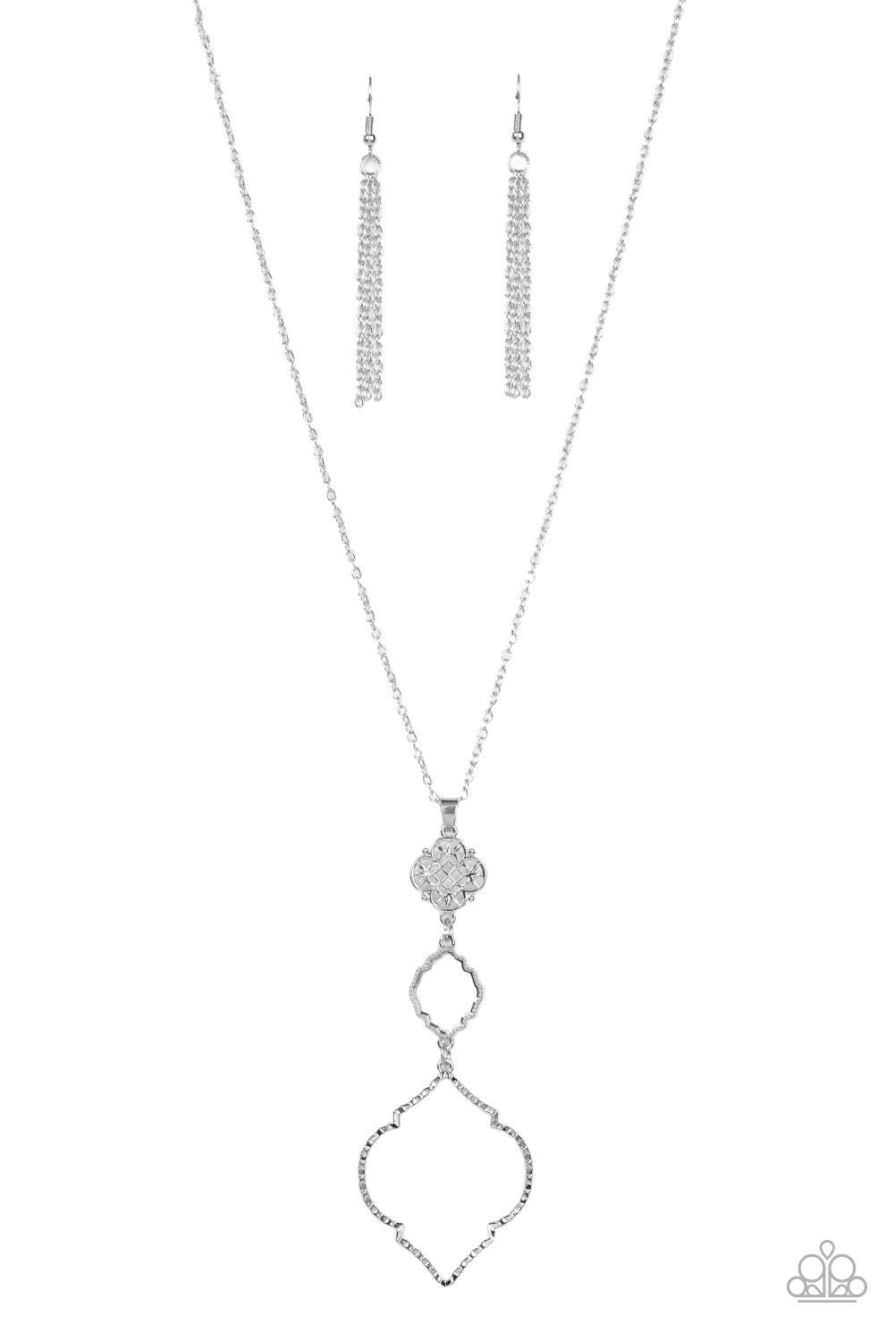 Marrakesh Mystery - Silver Item #P2WH-SVXX-362XX Featuring mandala-like patterns, a floral lattice frame gives way to mismatched scalloped silver frames, creating a magnificently stacked pendant at the bottom of an extended silver chain. Features an adjustable clasp closure.  Sold as one individual necklace. Includes one pair of matching earrings.
