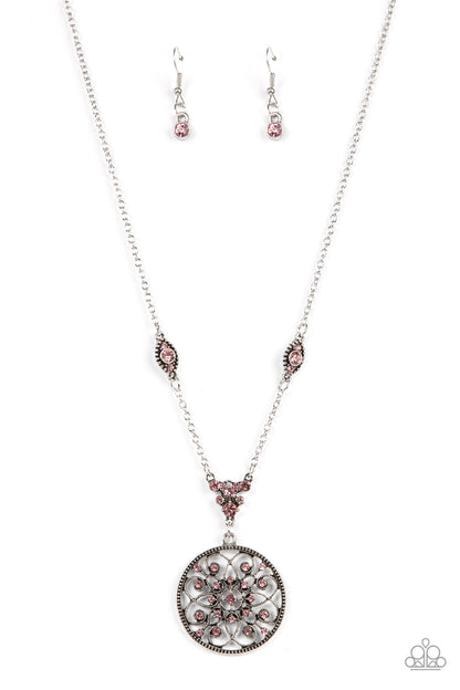 TIMELESS Traveler Pink Necklace - Paparazzi Accessories  Glittery pink rhinestones are sprinkled across a silver floral frame, creating a timeless pendant at the bottom of a dainty silver chain that has been enhanced with matching pink rhinestone embellished frames. Features an adjustable clasp closure.  Sold as one individual necklace. Includes one pair of matching earrings.
