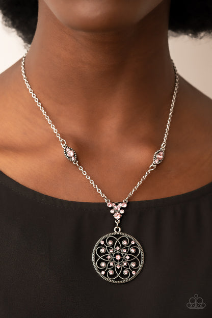 TIMELESS Traveler Pink Necklace - Paparazzi Accessories  Glittery pink rhinestones are sprinkled across a silver floral frame, creating a timeless pendant at the bottom of a dainty silver chain that has been enhanced with matching pink rhinestone embellished frames. Features an adjustable clasp closure.  Sold as one individual necklace. Includes one pair of matching earrings.