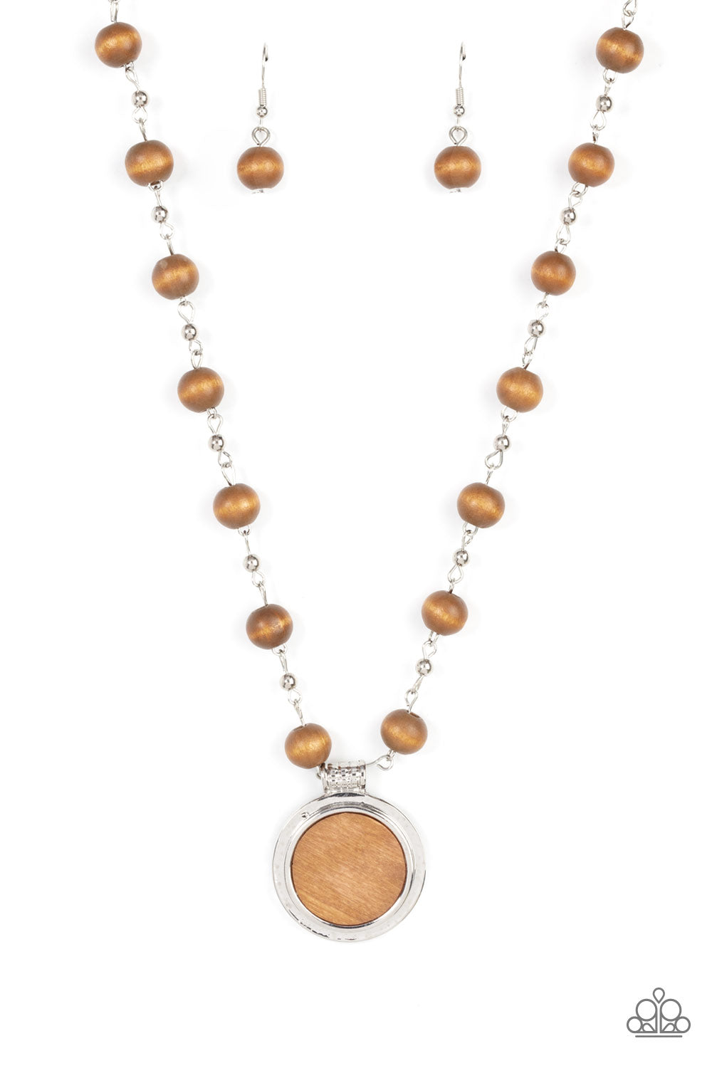 Soulful Sunrise Brown Necklace - Paparazzi Accessories  Infused with dainty silver chains, a collection of brown wooden beads link into an earthy chain below the collar. Featuring a textured silver fitting, a flat wooden disc is pressed into a silver frame, resulting in a naturally refined pendant. Features an adjustable clasp closure.  Sold as one individual necklace. Includes one pair of matching earrings.