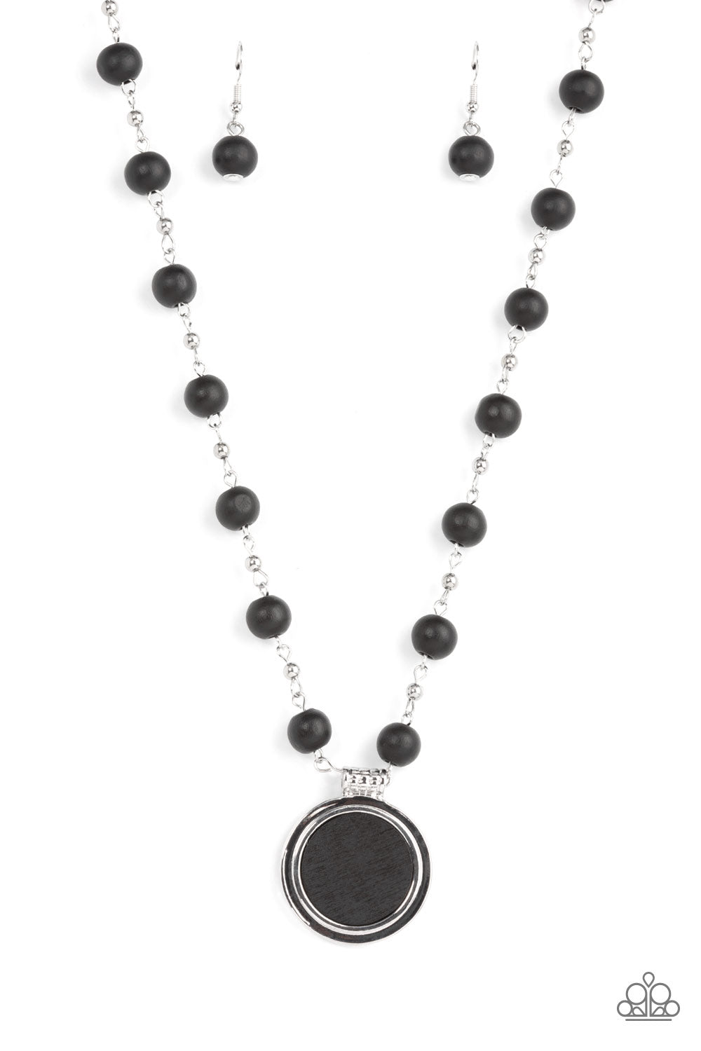 Soulful Sunrise Black Necklace - Paparazzi Accessories  Infused with dainty silver chains, a collection of black wooden beads link into an earthy chain below the collar. Featuring a textured silver fitting, a flat black wooden disc is pressed into a silver frame, resulting in a naturally refined pendant. Features an adjustable clasp closure.  Sold as one individual necklace. Includes one pair of matching earrings.