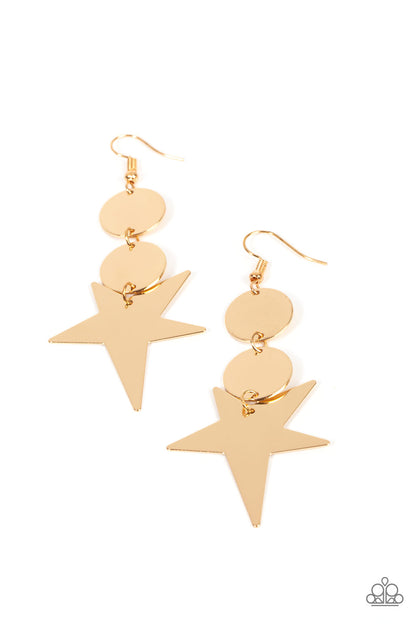 Star Bizarre Gold Earring - Paparazzi Accessories  An asymmetrical gold star radiates from two linked flat gold discs, resulting in a stellar lure. Earring attaches to a standard fishhook fitting.  Sold as one pair of earrings.