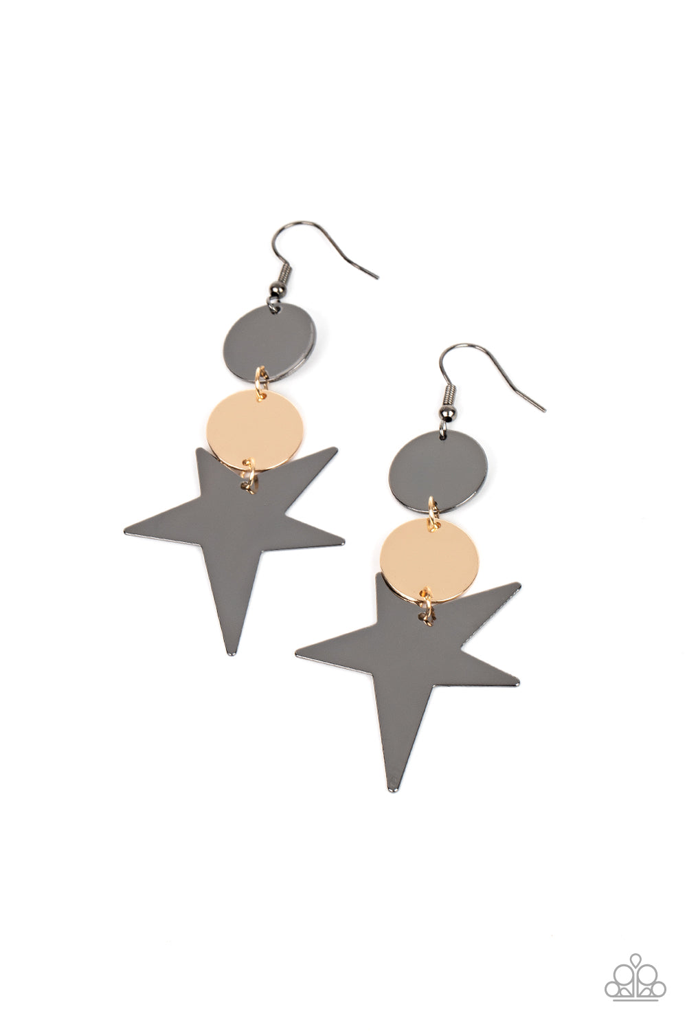 Star Bizarre Multi Earring - Paparazzi Accessories  An asymmetrical gunmetal star radiates from two linked flat gold and gunmetal discs, resulting in a stellar lure. Earring attaches to a standard fishhook fitting.  Sold as one pair of earrings.