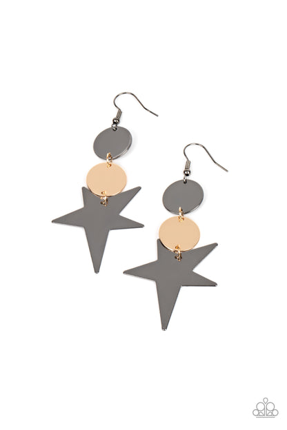 Star Bizarre Multi Earring - Paparazzi Accessories  An asymmetrical gunmetal star radiates from two linked flat gold and gunmetal discs, resulting in a stellar lure. Earring attaches to a standard fishhook fitting.  Sold as one pair of earrings.