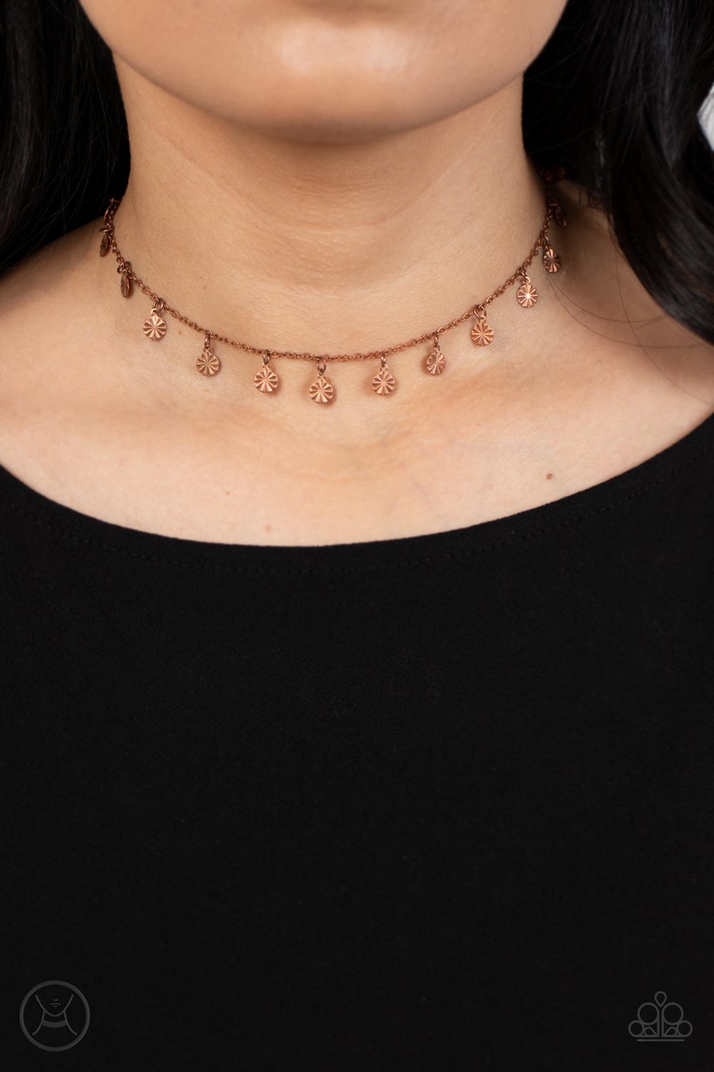 Chiming Charmer Copper Choker Necklace - Paparazzi Accessories  A dainty collection of crinkled copper discs swings from an antiqued copper chain, creating a rustic radiance around the neck. Features an adjustable clasp closure.  Sold as one individual choker necklace. Includes one pair of matching earrings.