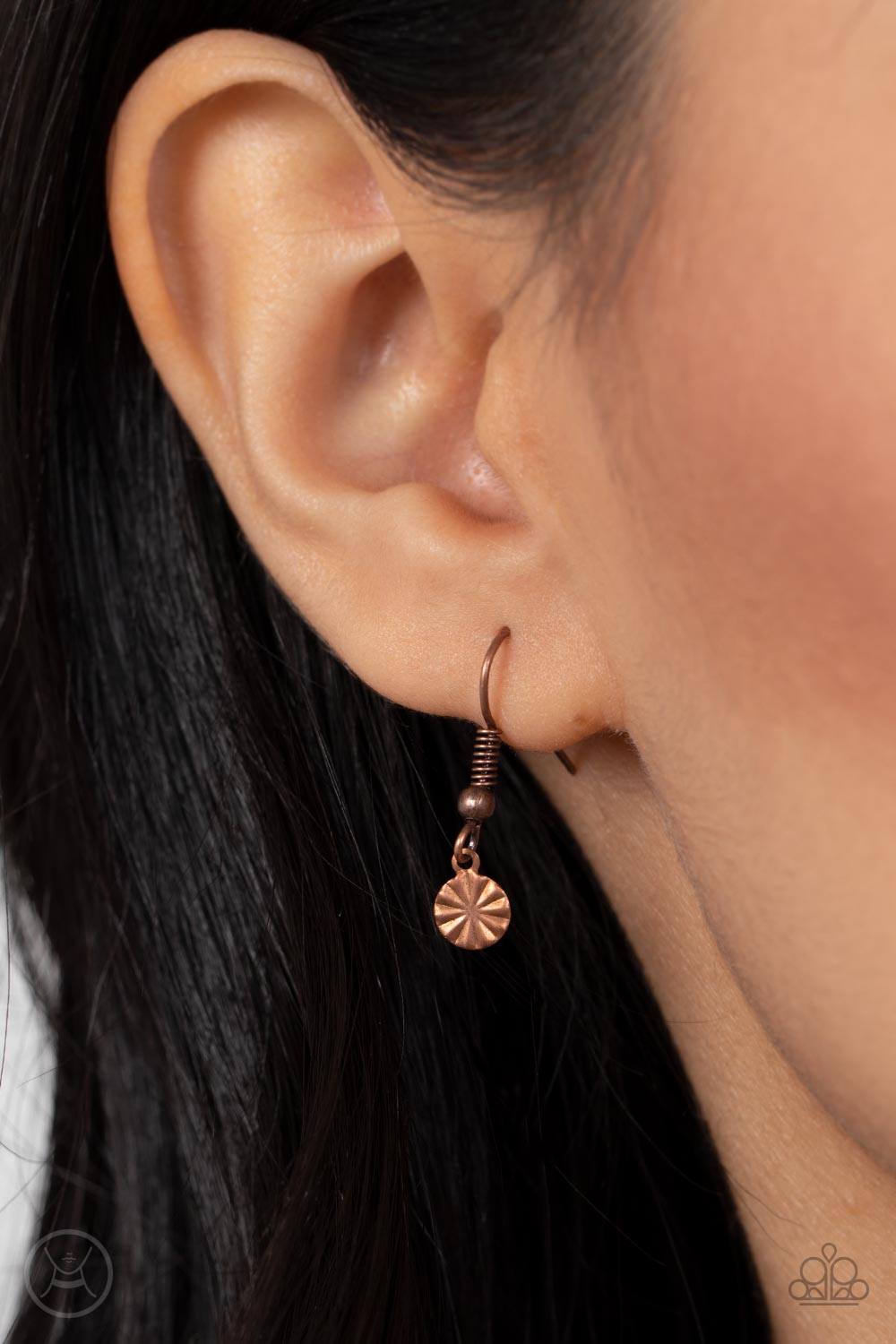 Chiming Charmer Copper Choker Necklace - Paparazzi Accessories  A dainty collection of crinkled copper discs swings from an antiqued copper chain, creating a rustic radiance around the neck. Features an adjustable clasp closure.  Sold as one individual choker necklace. Includes one pair of matching earrings.