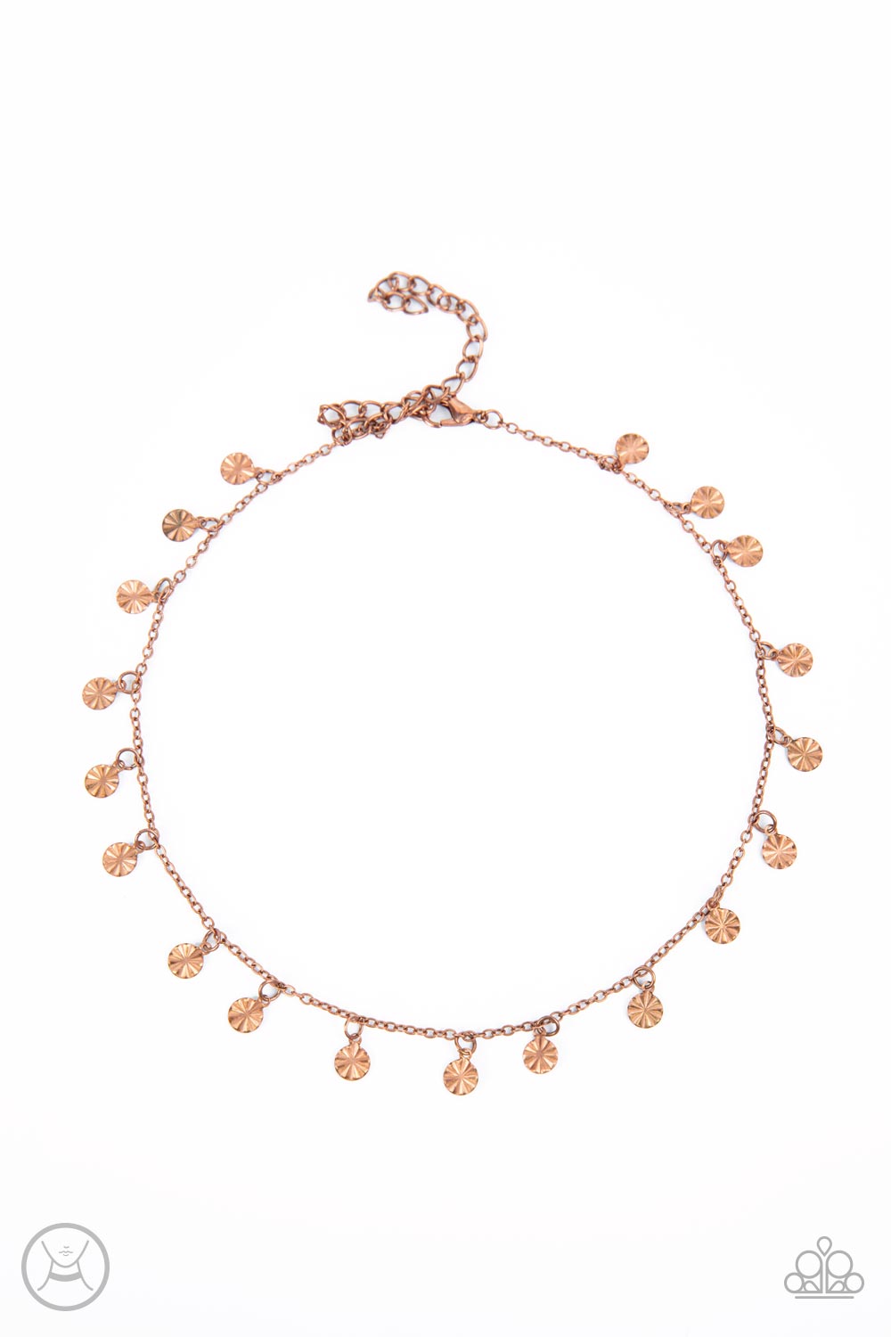 Chiming Charmer Copper Choker Necklace - Paparazzi Accessories  A dainty collection of crinkled copper discs swings from an antiqued copper chain, creating a rustic radiance around the neck. Features an adjustable clasp closure.  Sold as one individual choker necklace. Includes one pair of matching earrings.