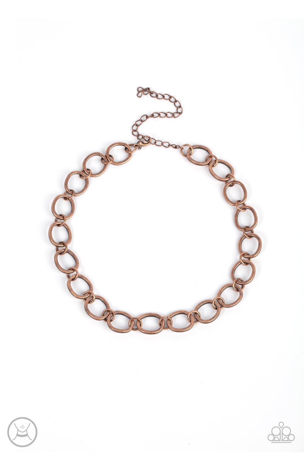 90s Nostalgia Copper Choker Necklace - Paparazzi Accessories  Brushed in an antiqued finish, imperfectly shaped copper circles link together for a gritty industrial statement. Features an adjustable clasp closure.  All Paparazzi Accessories are lead free and nickel free!   Sold as one individual choker necklace. Includes one pair of matching earrings.
