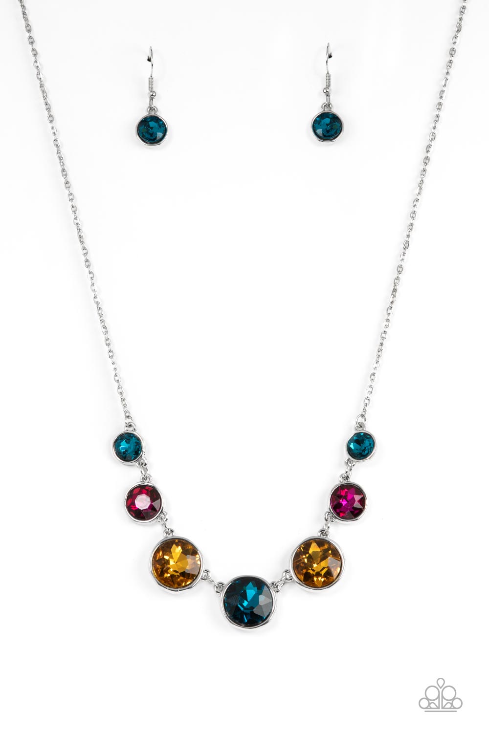 Pampered Powerhouse Multi Necklace - Paparazzi Accessories  Encased in shiny silver frames, a glitzy collection of blue, yellow, and pink rhinestones gradually increase in size as they link below the collar for a flawless finish. Features an adjustable clasp closure.  Sold as one individual necklace. Includes one pair of matching earrings.