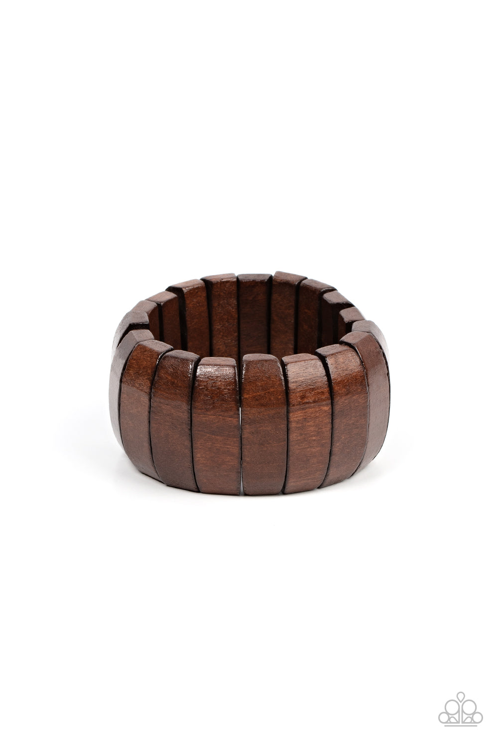 Boardwalk Bonanza Brown Wooden Bracelet - Paparazzi Accessories  Smooth brown wooden panels are threaded along stretchy bands creating a tropical vibe as they fall around the wrist.  Sold as one individual bracelet.